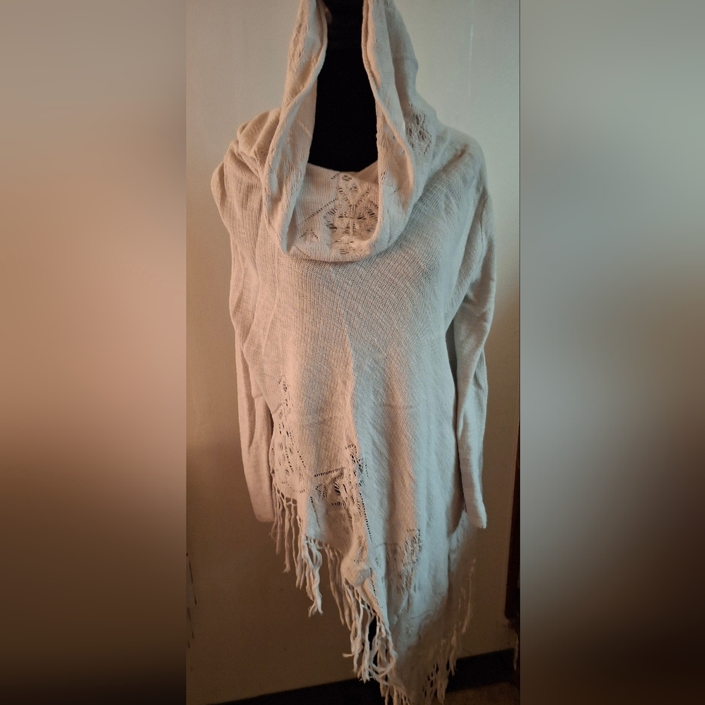 Free People Elegant Cream Poncho Sweater with Fringe Detailing